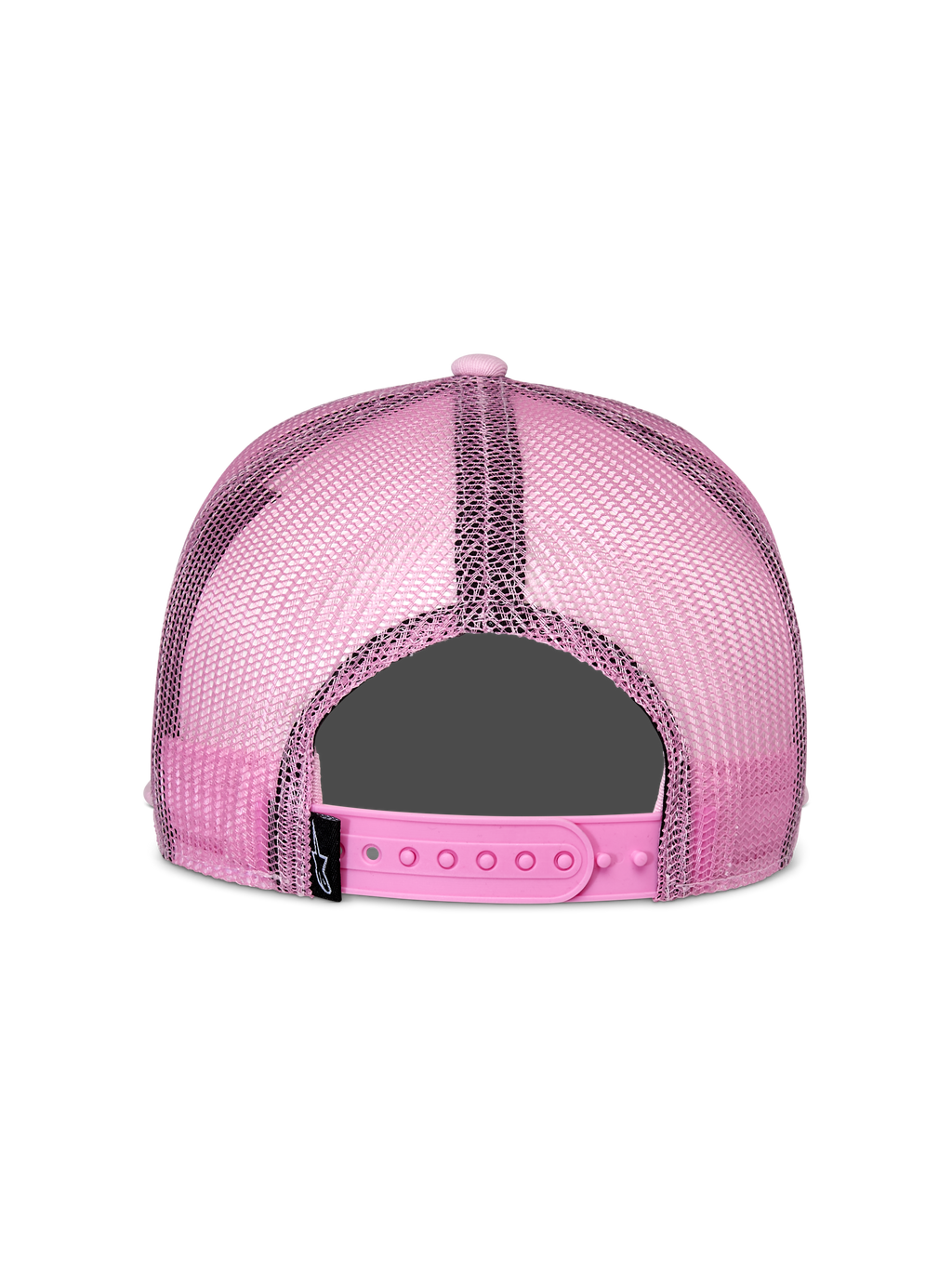 Alpinestars Corp Trucker Hat, różowa czapka z daszkiem, widok z tyłu, różowe panele z siatki, regulowane zapięcie typu snapback, codzienne nakrycie głowy inspirowane sportami motorowymi