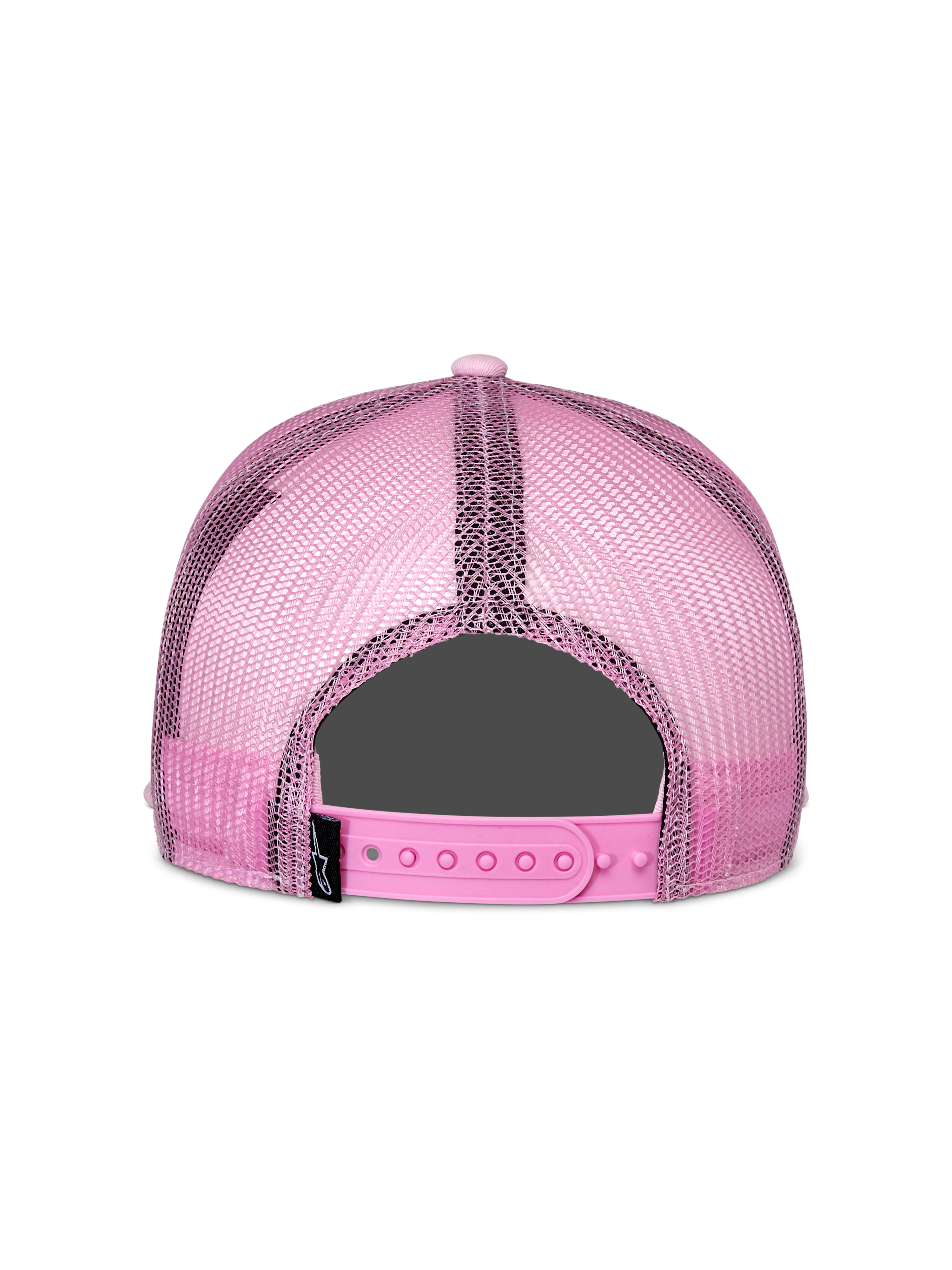 Alpinestars Corp Trucker Hat, różowa czapka z daszkiem, widok z tyłu, różowe panele z siatki, regulowane zapięcie typu snapback, codzienne nakrycie głowy inspirowane sportami motorowymi