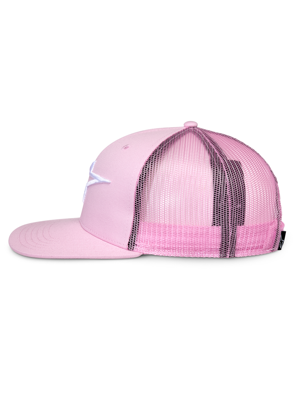 Czapka Alpinestars Corp Trucker, różowa, profil boczny, płaski daszek i usztywniona korona, białe haftowane logo na przodzie z tkaniny twill, różowy tył z siatki, regulowane zapięcie snapback, codzienna odzież sportowa