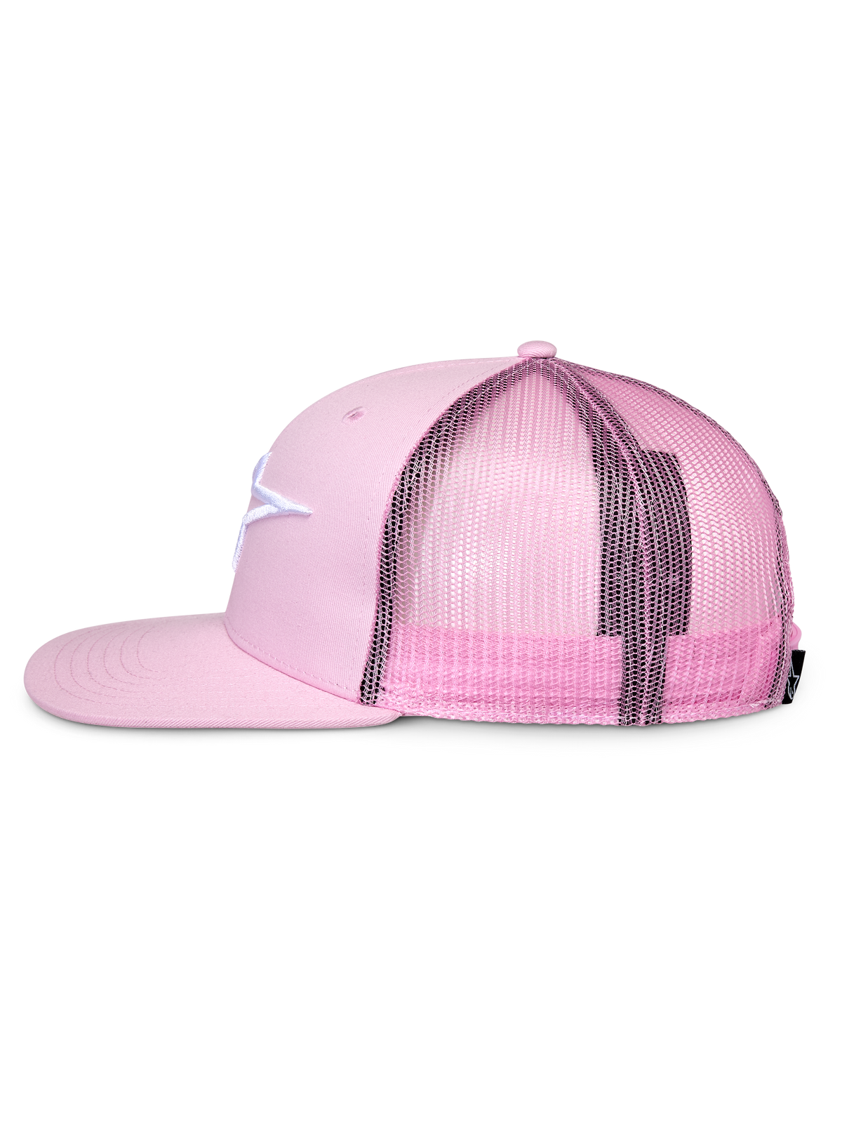 Czapka Alpinestars Corp Trucker, różowa, profil boczny, płaski daszek i usztywniona korona, białe haftowane logo na przodzie z tkaniny twill, różowy tył z siatki, regulowane zapięcie snapback, codzienna odzież sportowa