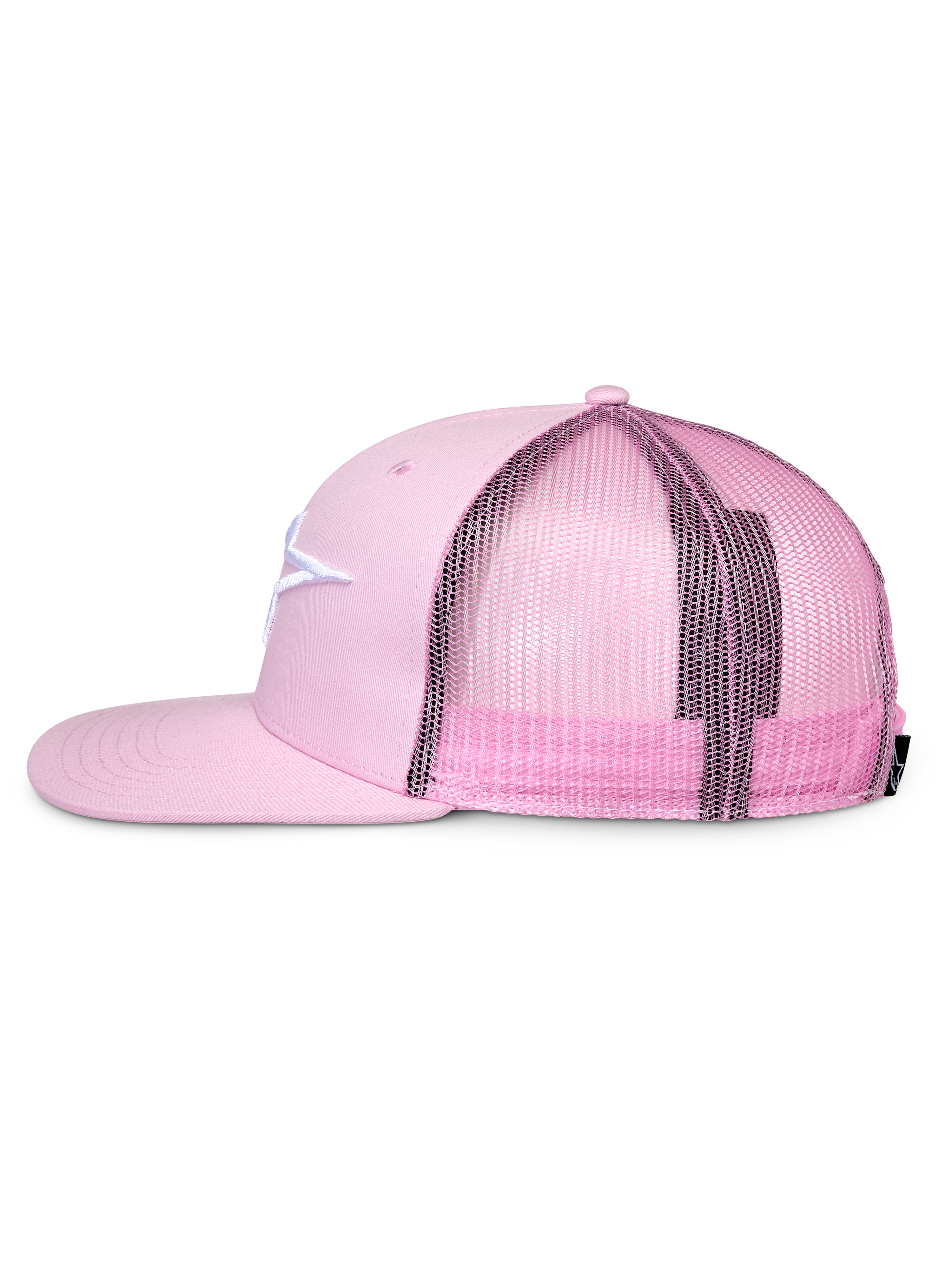 Czapka Alpinestars Corp Trucker, różowa, profil boczny, płaski daszek i usztywniona korona, białe haftowane logo na przodzie z tkaniny twill, różowy tył z siatki, regulowane zapięcie snapback, codzienna odzież sportowa