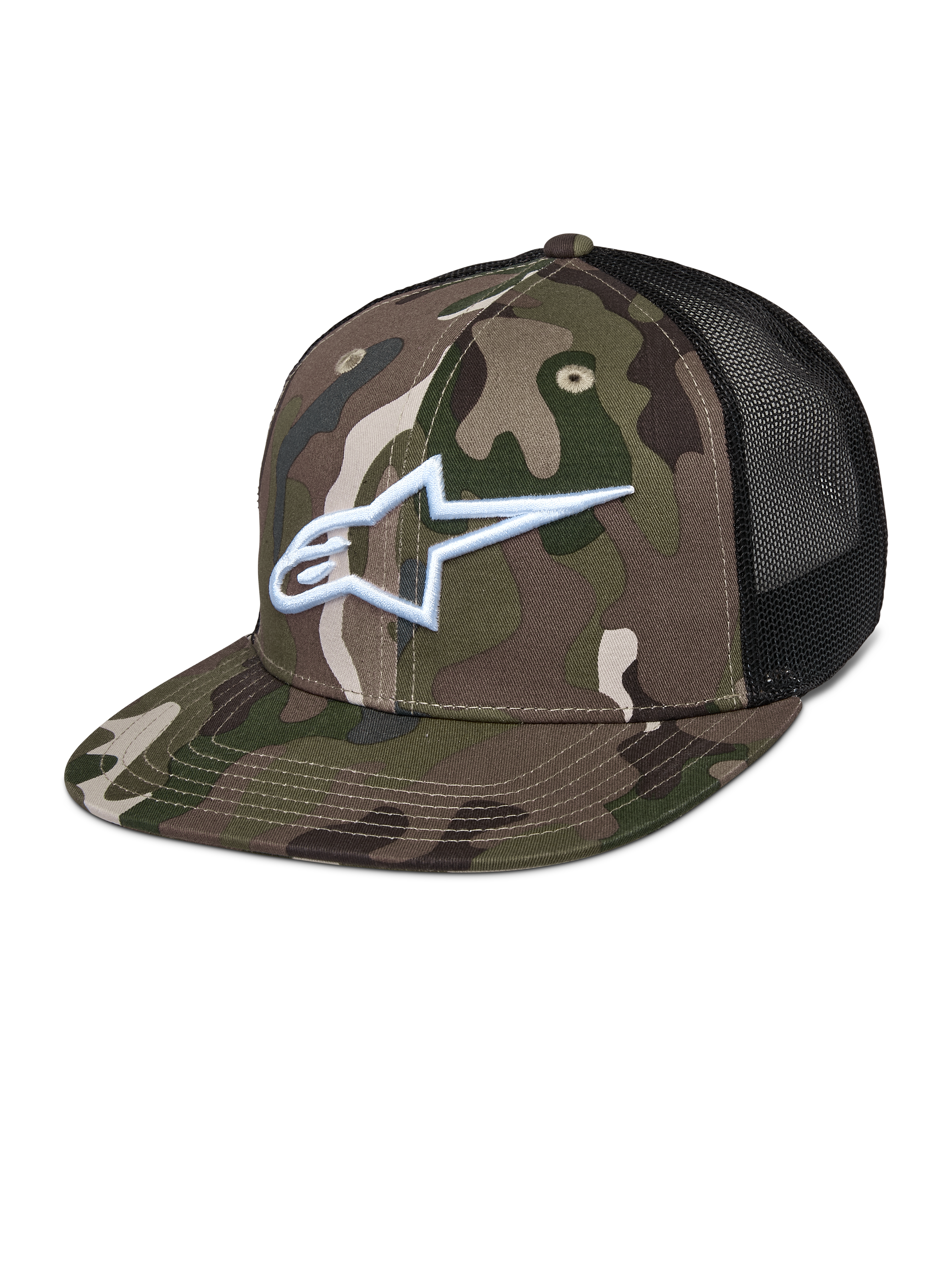 Alpinestars Corp Trucker Hat, Green Camo and Black, camouflage pattern with white embroidered A-star logo, black mesh back panels, flat bill, casual lifestyle headwear