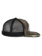 Alpinestars Corp Trucker Hat, side view, Green Camo and Black, flat bill with camo print, black mesh back panels, white embroidered logo, casual motorsport headwear