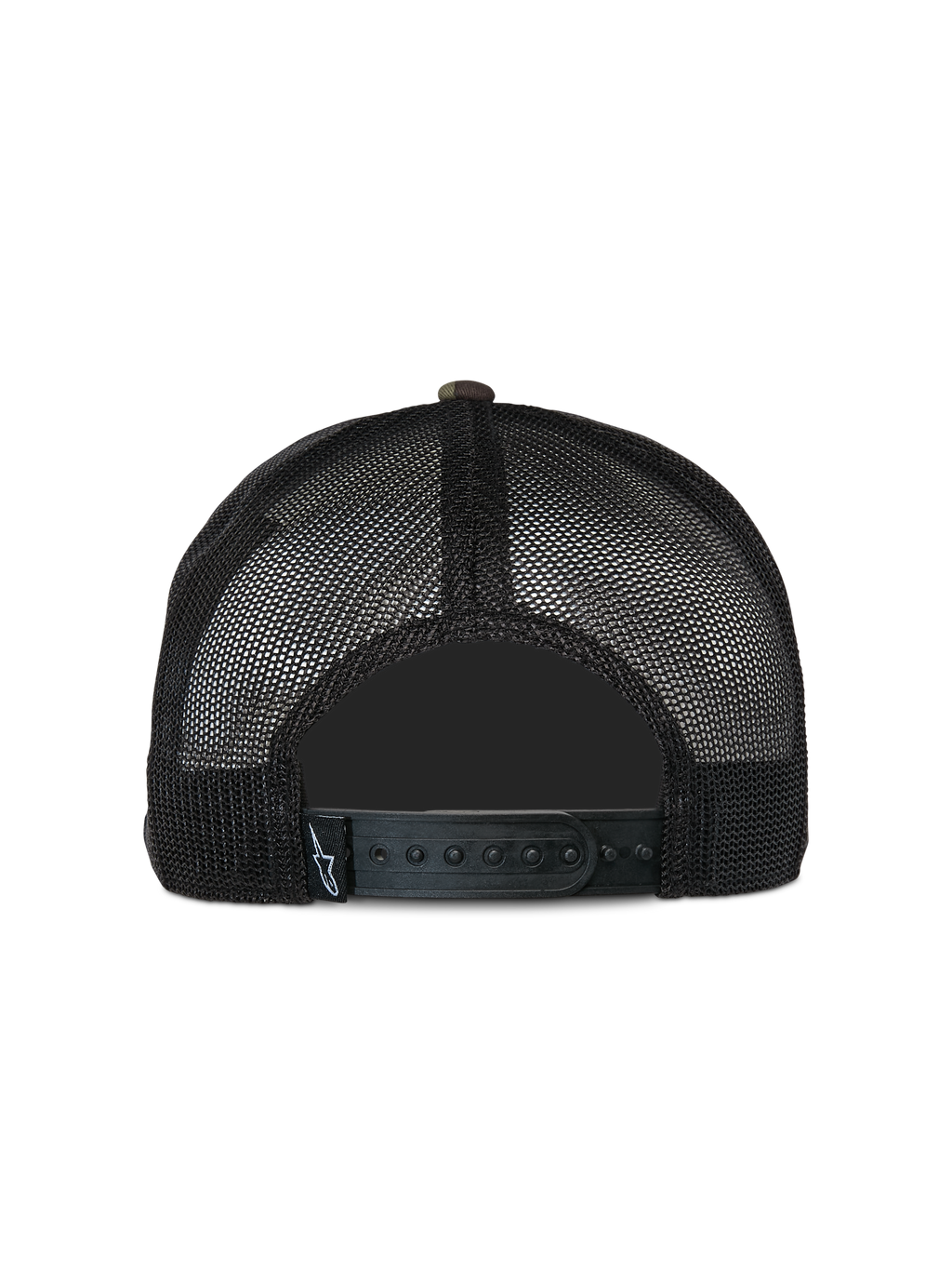 Alpinestars Corp Trucker Hat, Casual Trucker Cap, Green Camo and Black, rear view featuring black mesh back panels and adjustable snapback closure, small woven logo tag, classic motorsport-inspired design