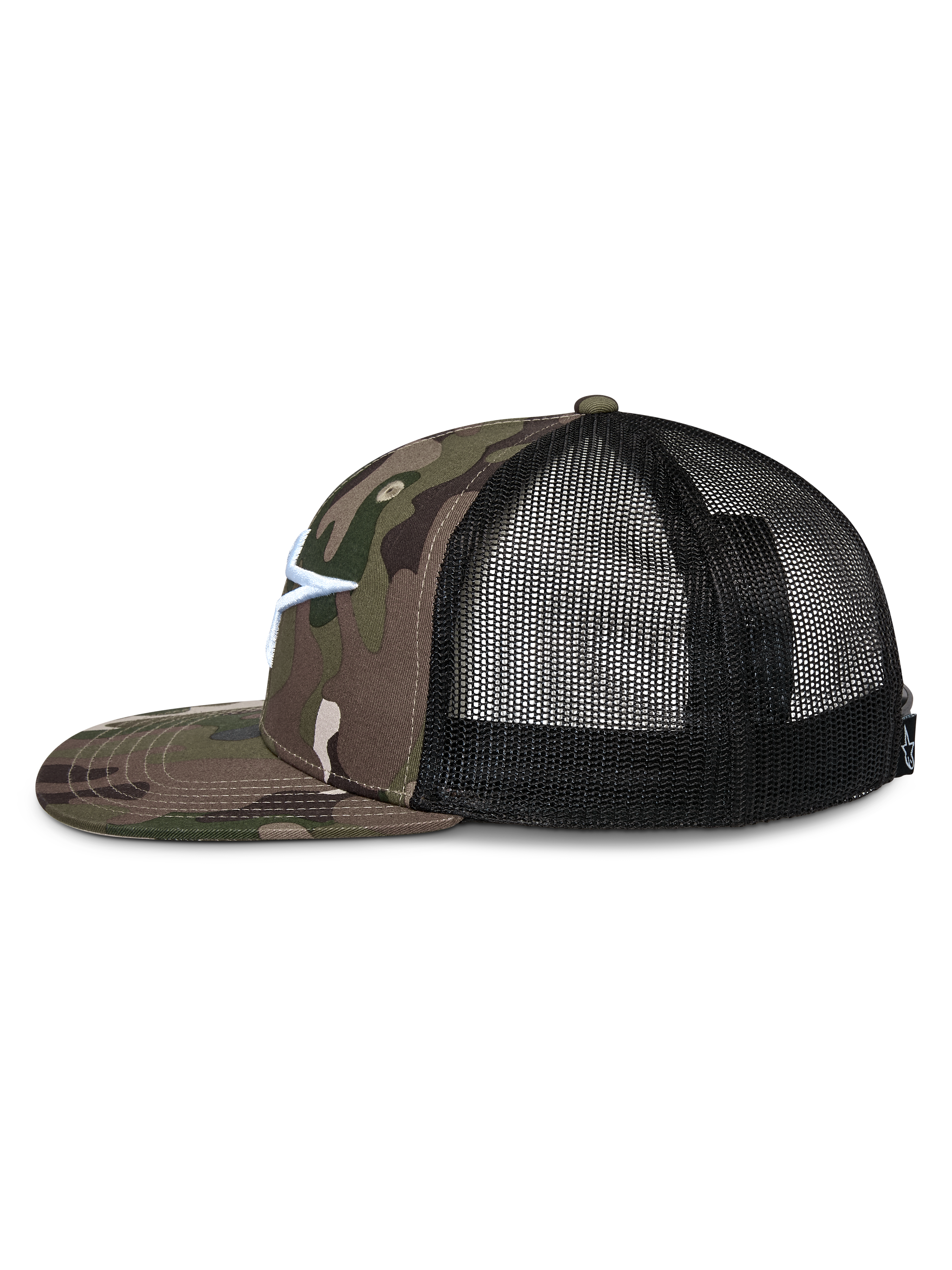 Alpinestars Corp Trucker Hat, side profile, Green Camo twill front and flat bill, black mesh back, white embroidered Astars logo, casual motorsport streetwear