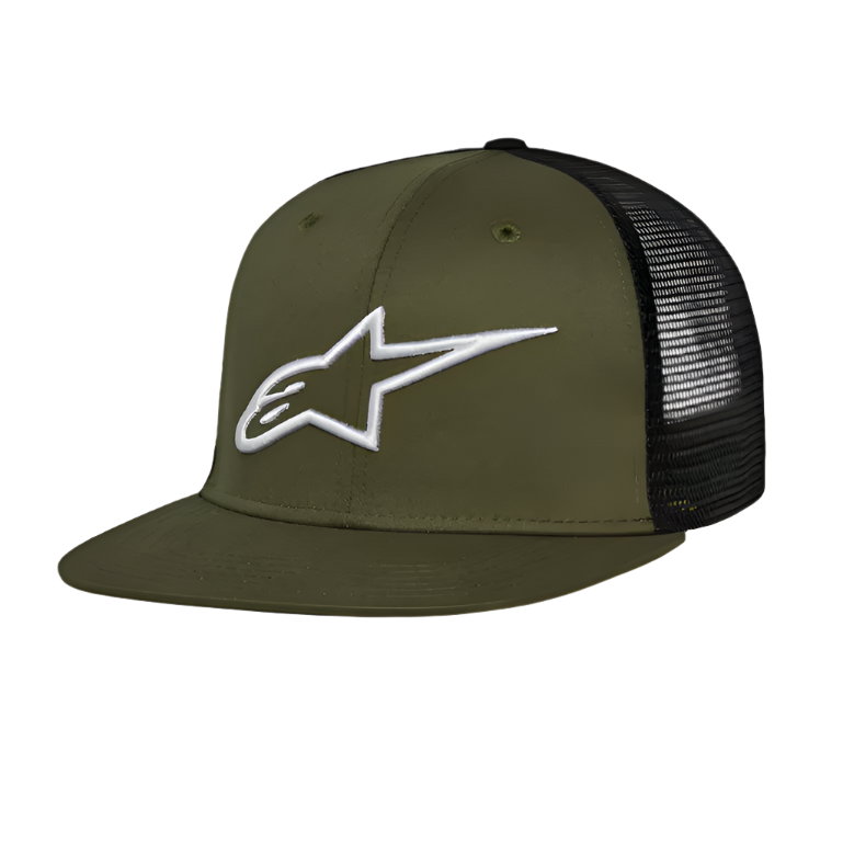 Alpinestars Corp Trucker Hat, czapka trucker z płaskim daszkiem, zielony wojskowy i czarny, białe haftowane logo 3D Alpinestars z przodu, przód z twillu i tył z siateczki, casualowe nakrycie głowy w stylu motorsport