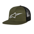 Alpinestars Corp Trucker Hat, czapka trucker z płaskim daszkiem, zielony wojskowy i czarny, białe haftowane logo 3D Alpinestars z przodu, przód z twillu i tył z siateczki, casualowe nakrycie głowy w stylu motorsport