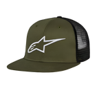 Alpinestars Corp Trucker Hat, czapka trucker z płaskim daszkiem, zielony wojskowy i czarny, białe haftowane logo 3D Alpinestars z przodu, przód z twillu i tył z siateczki, casualowe nakrycie głowy w stylu motorsport