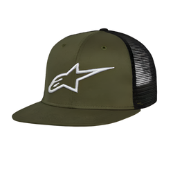 Alpinestars Corp Trucker Hat, czapka trucker z płaskim daszkiem, zielony wojskowy i czarny, białe haftowane logo 3D Alpinestars z przodu, przód z twillu i tył z siateczki, casualowe nakrycie głowy w stylu motorsport