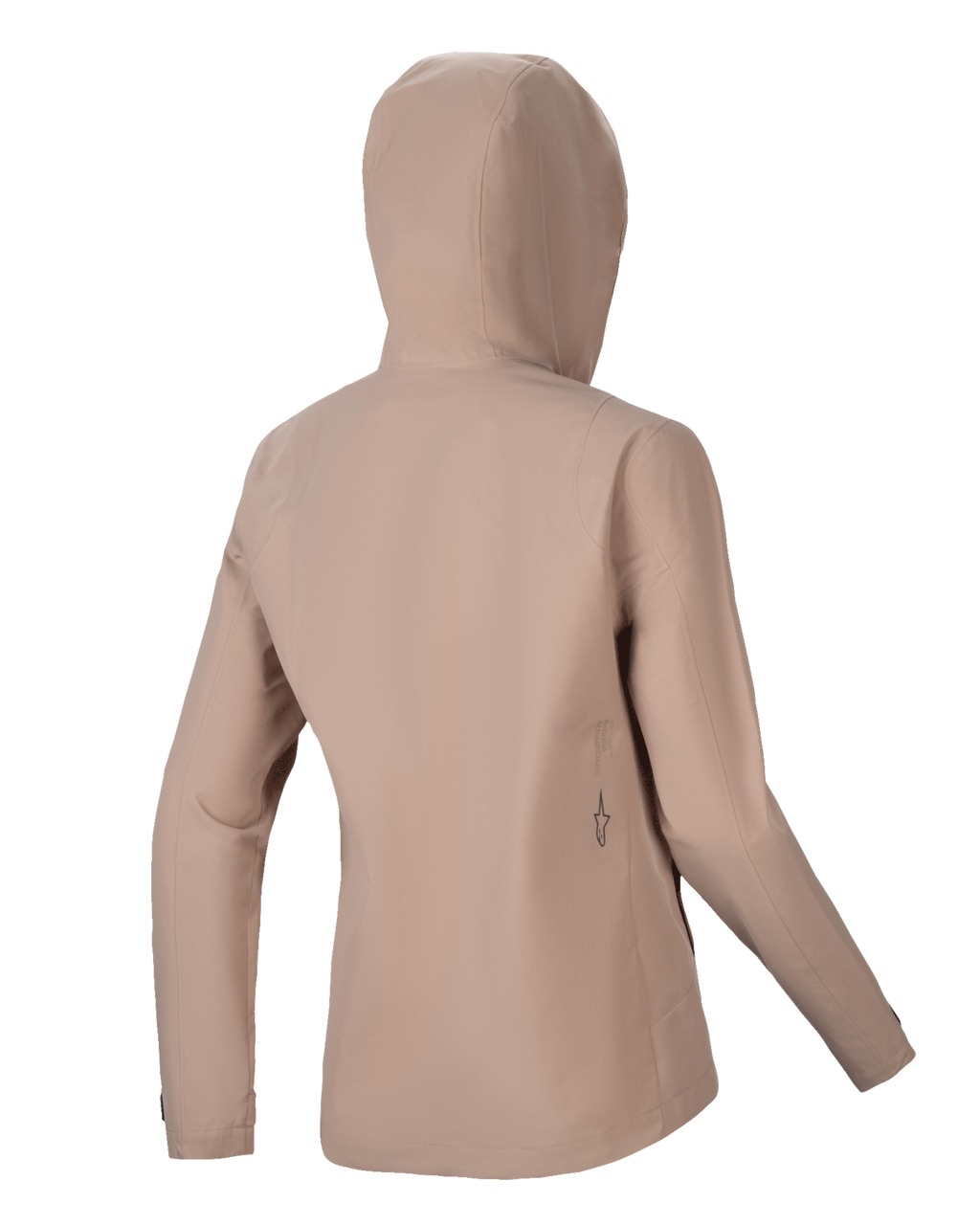 Alpinestars Stella A-Dura Rain Jacket, damska rowerowa kurtka przeciwdeszczowa, jasnobrązowa, widok z tyłu z kapturem i prostą sylwetką, subtelne czarne logo na dole pleców, wodoodporna 2,5-warstwowa konstrukcja techniczna do MTB