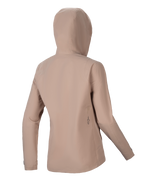 Alpinestars Stella A-Dura Rain Jacket, damska rowerowa kurtka przeciwdeszczowa, jasnobrązowa, widok z tyłu z kapturem i prostą sylwetką, subtelne czarne logo na dole pleców, wodoodporna 2,5-warstwowa konstrukcja techniczna do MTB