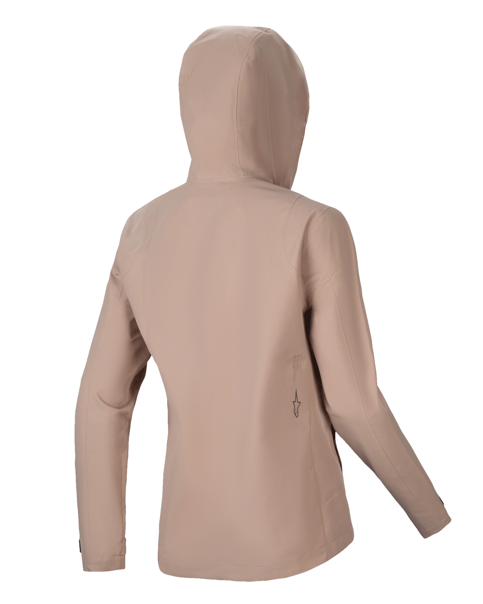 Alpinestars Stella A-Dura Rain Jacket, damska rowerowa kurtka przeciwdeszczowa, jasnobrązowa, widok z tyłu z kapturem i prostą sylwetką, subtelne czarne logo na dole pleców, wodoodporna 2,5-warstwowa konstrukcja techniczna do MTB