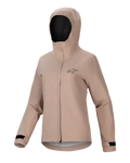 Alpinestars Stella A-Dura Rain Jacket, damska kurtka przeciwdeszczowa rowerowa, jasnobrązowa, fason z kapturem i zamkiem błyskawicznym z przodu z listwą ochronną, czarne regulowane mankiety na rzepy, małe logo na piersi, wodoodporny i oddychający materiał do jazdy MTB