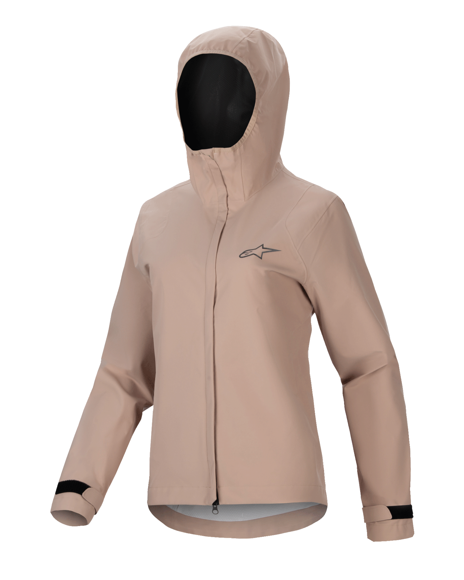 Alpinestars Stella A-Dura Rain Jacket, damska kurtka przeciwdeszczowa rowerowa, jasnobrązowa, fason z kapturem i zamkiem błyskawicznym z przodu z listwą ochronną, czarne regulowane mankiety na rzepy, małe logo na piersi, wodoodporny i oddychający materiał do jazdy MTB