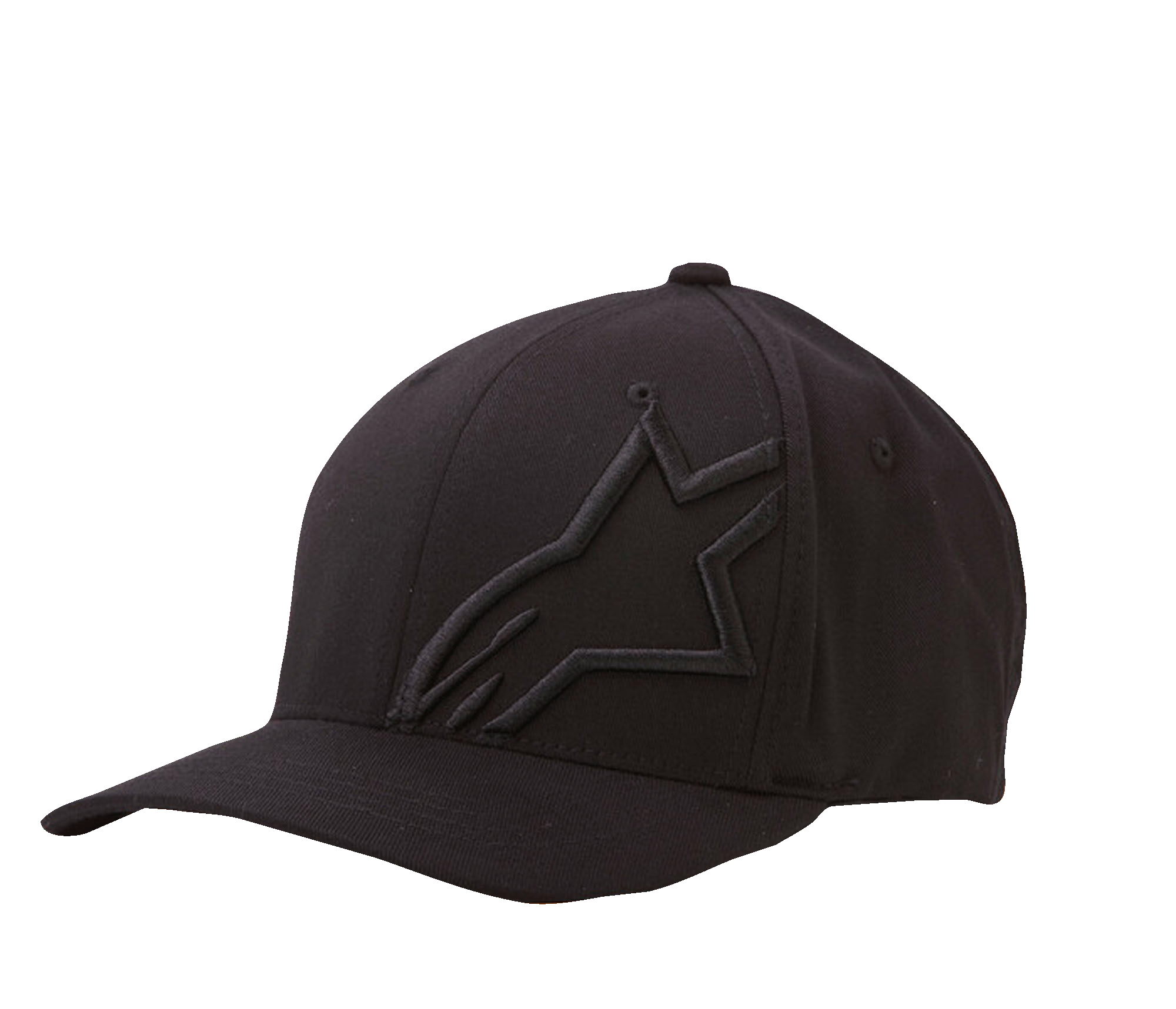 Alpinestars Corp Shift 2 Curved Bill Hat, czarna czapka z daszkiem, płaski haft w kolorze materiału na przednim lewym panelu, zakrzywiony daszek, sześciopanelowa konstrukcja z otworami wentylacyjnymi, casualowy styl inspirowany sportami motorowymi