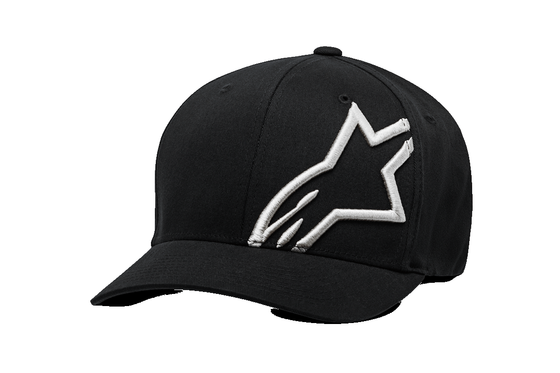 Alpinestars Corp Shift 2 Curved Bill Hat, czarna czapka z daszkiem, duże białe wyhaftowane logo po lewej stronie z przodu, zakrzywiony daszek, sportowe nakrycie głowy Flexfit