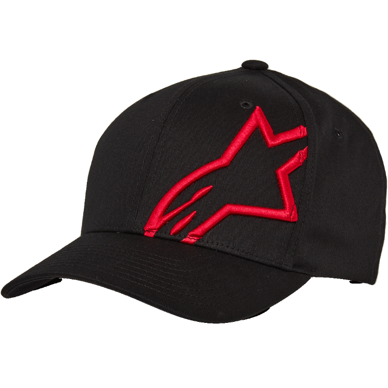 Alpinestars Corp Shift 2 Curved Brim, czapka z daszkiem typu baseball, czarna z dużym czerwonym płasko haftowanym logo gwiazdy na przednim lewym panelu, zakrzywiony daszek Flexfit, konstrukcja sześciopanelowa, codzienne nakrycie głowy inspirowane sportami motorowymi