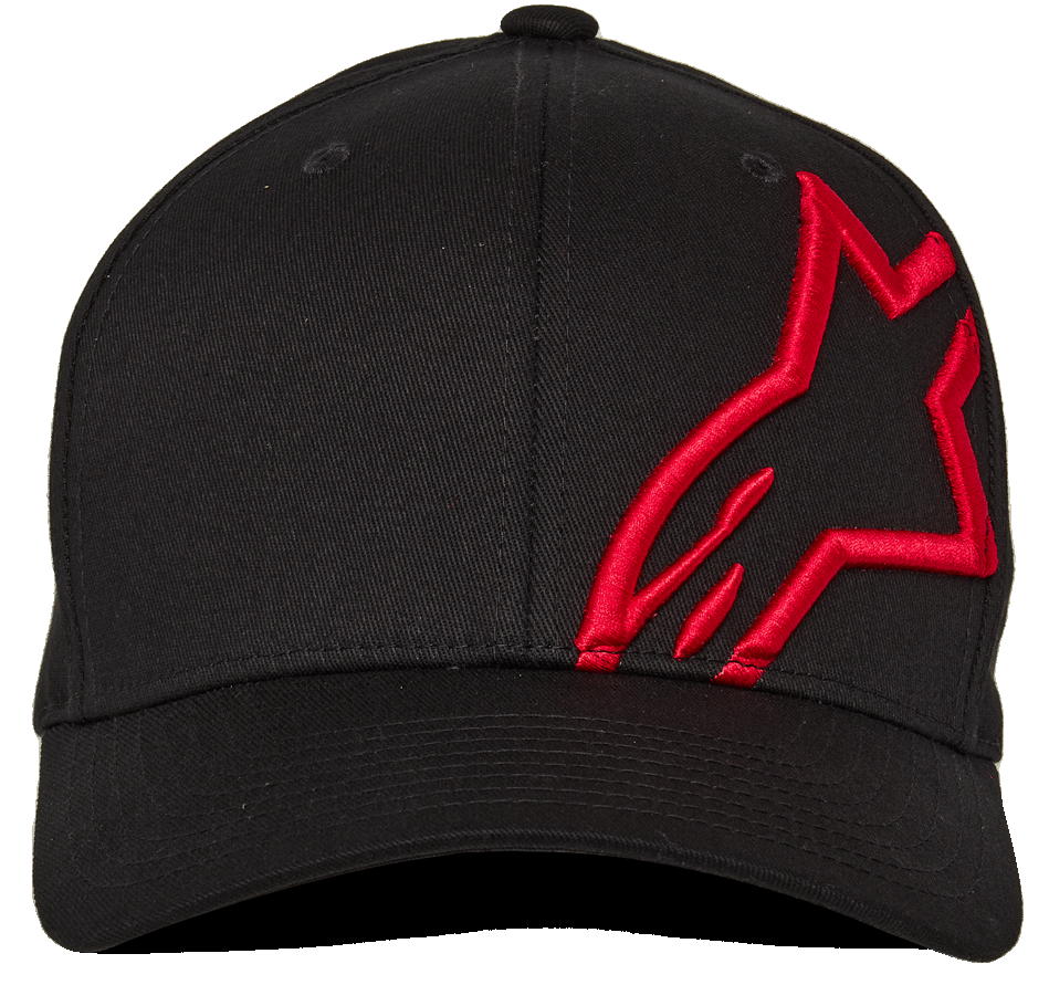 Alpinestars Corp Shift 2 Curved Brim, czarna czapka z daszkiem, czerwony haft z płaskim logo Astars na lewym przednim panelu, codzienne nakrycie głowy w stylu motorsport