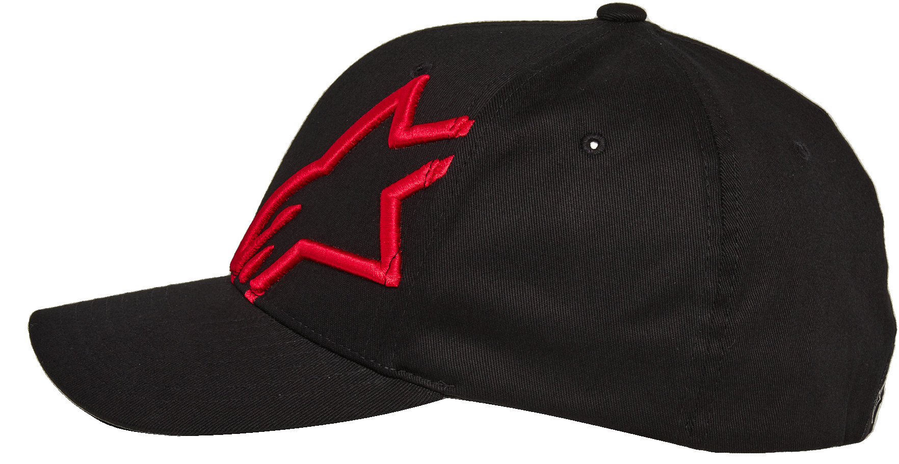 Alpinestars Corp Shift 2 Curved Brim, czarna czapka z daszkiem, czerwone haftowane logo gwiazdy, profil boczny, bejsbolówka Flexfit z zakrzywionym daszkiem, casualowa odzież sportowa