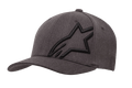 Alpinestars Corp Shift 2 Curved Bill Hat, czapka z daszkiem, ciemnoszary melanż i czerń, duże czarne haftowane logo gwiazdy na lewym przednim panelu, zakrzywiony daszek, teksturowana tkanina z otworami wentylacyjnymi, codzienne nakrycie głowy inspirowane motorsportem