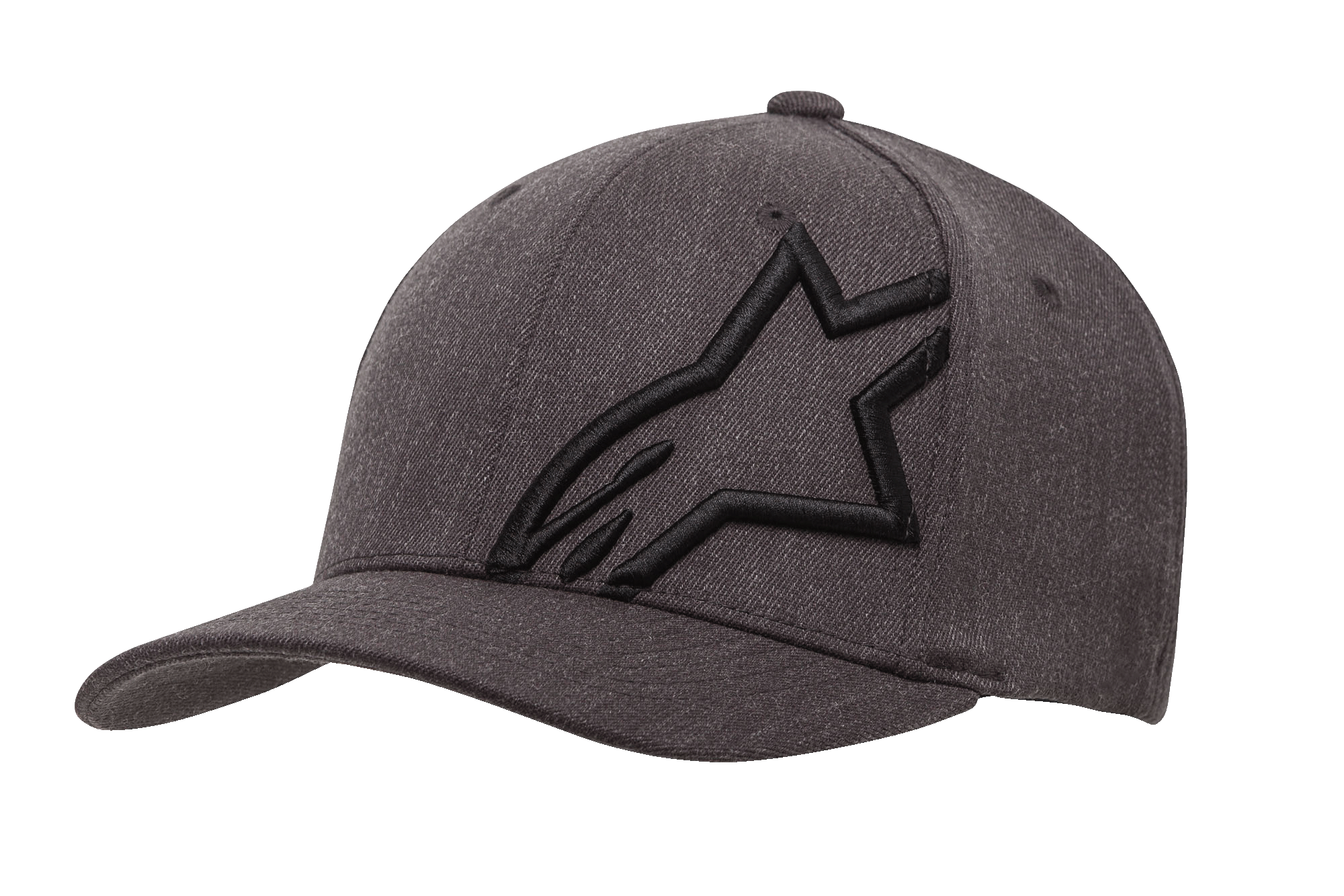 Alpinestars Corp Shift 2 Curved Bill Hat, czapka z daszkiem, ciemnoszary melanż i czerń, duże czarne haftowane logo gwiazdy na lewym przednim panelu, zakrzywiony daszek, teksturowana tkanina z otworami wentylacyjnymi, codzienne nakrycie głowy inspirowane motorsportem