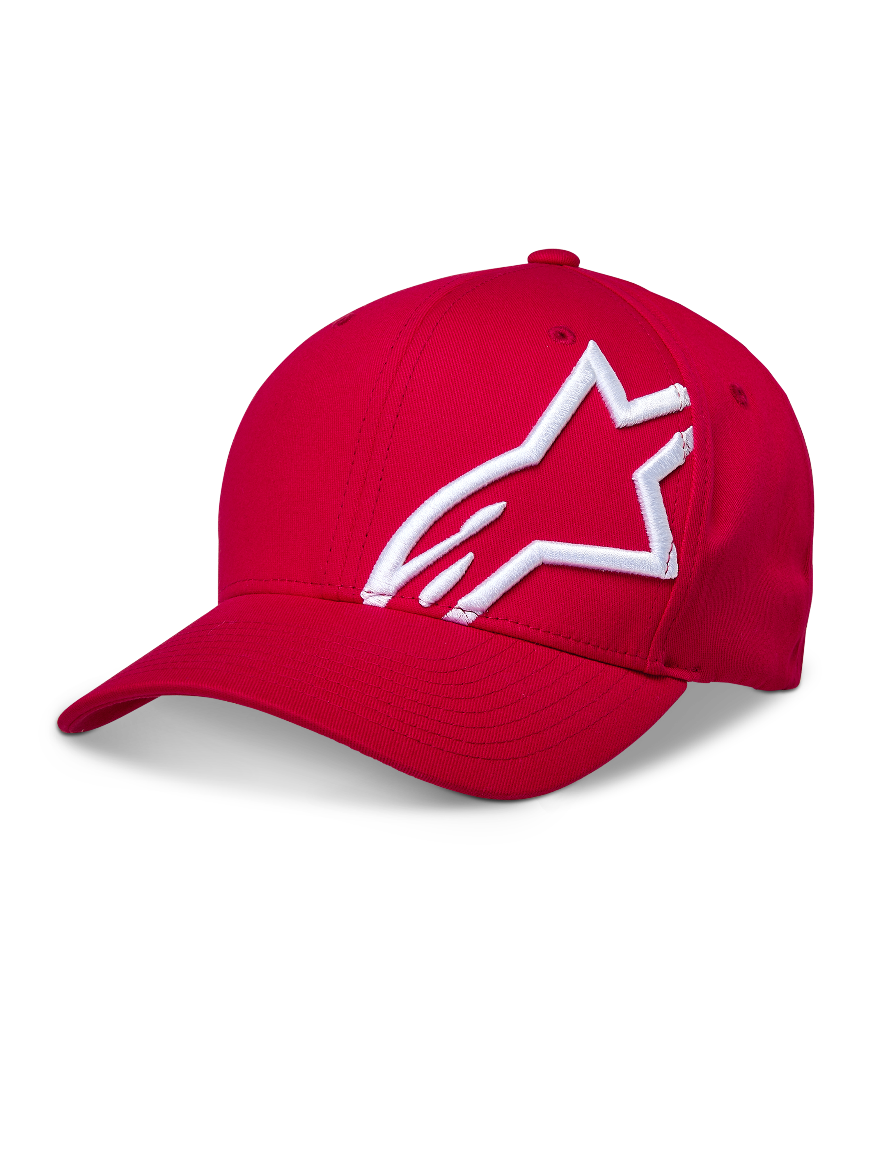 Alpinestars Corp Shift 2 Curved Brim Cap, Red, featuring a large white 3D embroidered logo on the side, structured crown and curved bill, casual motorsport headwear