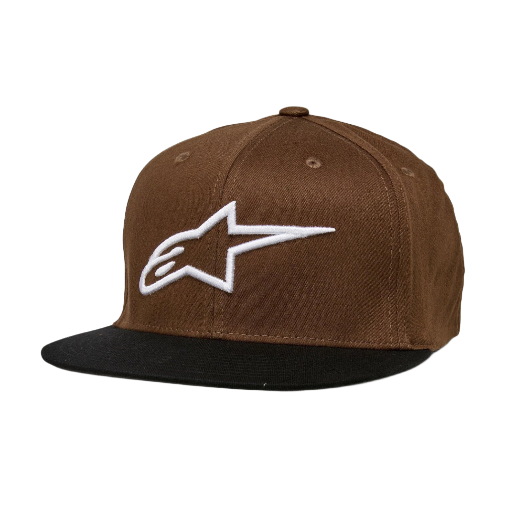 Alpinestars Ageless Flatbill Hat, brązowo-czarna czapka z płaskim daszkiem i usztywnianą koroną, białe haftowane logo Alpinestars z przodu, codzienne nakrycie głowy motorsport
