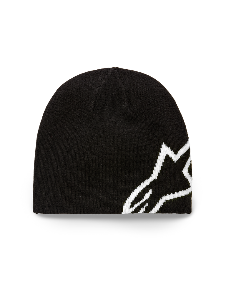 Alpinestars Corp Shift Beanie, czarna czapka typu beanie, duże białe żakardowe logo Alpinestars, dzianina o splocie koszulkowym, codzienne nakrycie głowy inspirowane sportami motorowymi