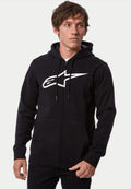 Alpinestars Ageless Zip V3 Hoodie, bluza rozpinana z kapturem, czarno-biała, z dużym białym logo Alpinestars na piersi, kaptur ze sznurkiem, pełne zapięcie na zamek, casualowy styl streetwear