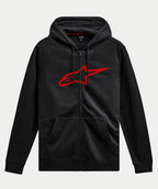 Alpinestars Ageless Zip V3 Hoodie, bluza streetwearowa, czarna z dużym czerwonym logo Alpinestars na piersi, zamek z przodu, kaptur ze sznurkiem, długie rękawy, ściągacze przy mankietach i na dole