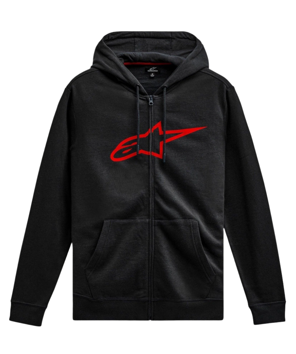 Alpinestars Ageless Zip V3 Hoodie, czarna bluza z kapturem rozpinana, casualowa odzież w stylu motorsport, czerwone logo Astars, zamek na całej długości, kaptur ze sznurkiem, długie rękawy, ściągacze przy mankietach i na dole