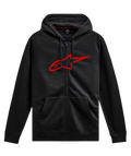 Alpinestars Ageless Zip V3 Hoodie, czarna bluza z kapturem rozpinana, casualowa odzież w stylu motorsport, czerwone logo Astars, zamek na całej długości, kaptur ze sznurkiem, długie rękawy, ściągacze przy mankietach i na dole