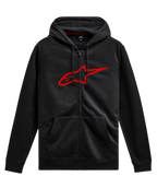 Alpinestars Ageless Zip V3 Hoodie, czarna bluza z kapturem rozpinana, casualowa odzież w stylu motorsport, czerwone logo Astars, zamek na całej długości, kaptur ze sznurkiem, długie rękawy, ściągacze przy mankietach i na dole
