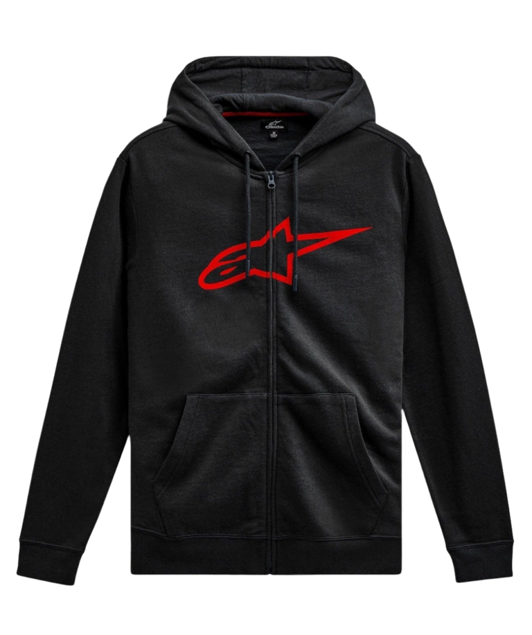 Alpinestars Ageless Zip V3 Hoodie, czarna bluza z kapturem rozpinana, casualowa odzież w stylu motorsport, czerwone logo Astars, zamek na całej długości, kaptur ze sznurkiem, długie rękawy, ściągacze przy mankietach i na dole