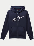 Bluza z kapturem Alpinestars Ageless Zip V3, granatowa rozpinana bluza z polaru z dużym białym logo Alpinestars na piersi, kaptur ze sznurkiem, przednie kieszenie, codzienna odzież uliczna inspirowana motorsportem