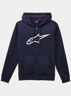 Bluza z kapturem Alpinestars Ageless Zip V3, granatowa rozpinana bluza z polaru z dużym białym logo Alpinestars na piersi, kaptur ze sznurkiem, przednie kieszenie, codzienna odzież uliczna inspirowana motorsportem