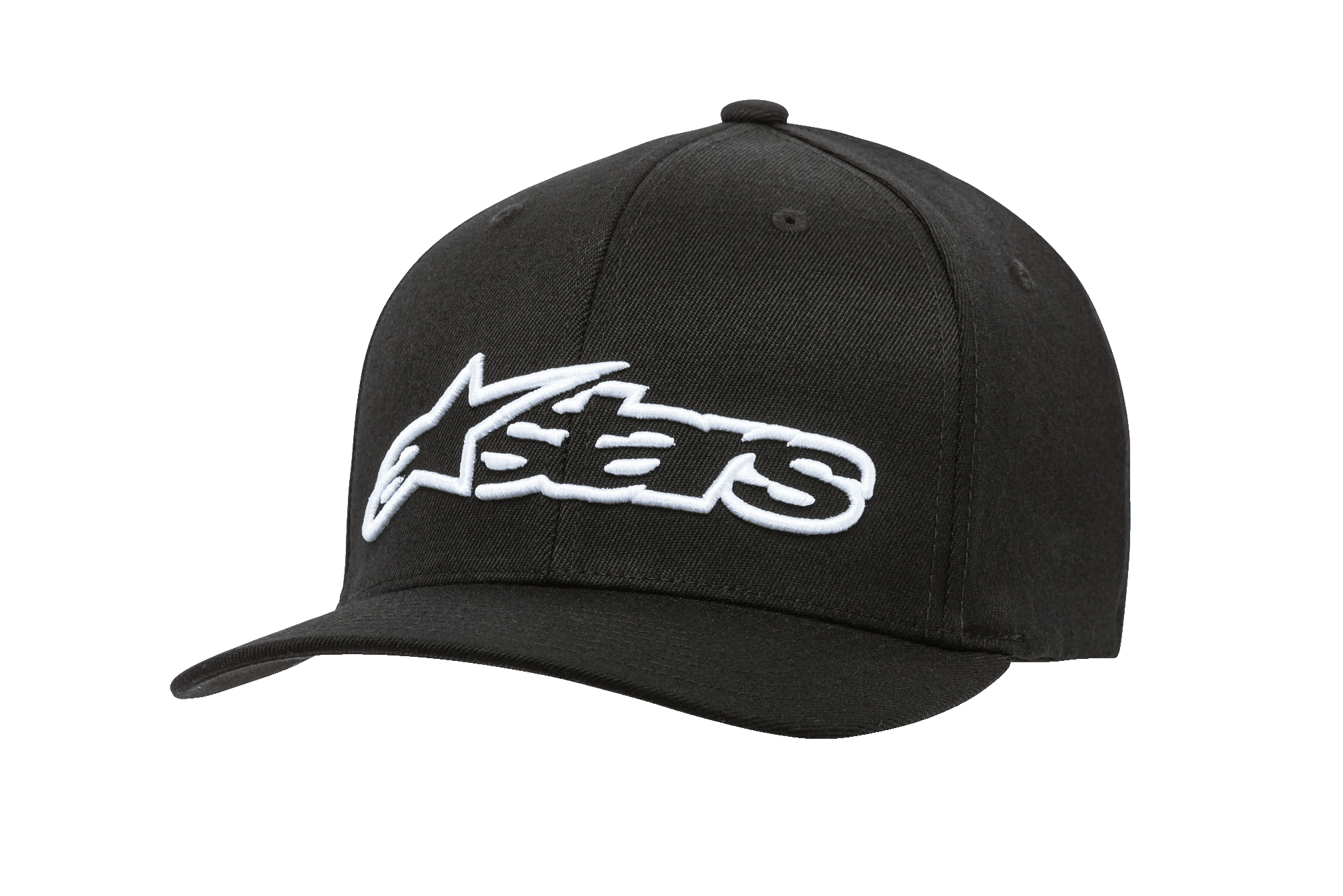 Alpinestars Blaze Flexfit Hat, czarna czapka baseballowa z białym haftowanym logo 3D, zakrzywiony daszek, strukturalna sześciopanelowa korona z otworami wentylacyjnymi, codzienne nakrycie głowy w stylu motorsportowym
