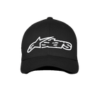 Alpinestars Blaze Flexfit Hat, Black and White, featuring a large white 3D embroidered Alpinestars logo on the front, curved bill design, casual motorsport-inspired headwear