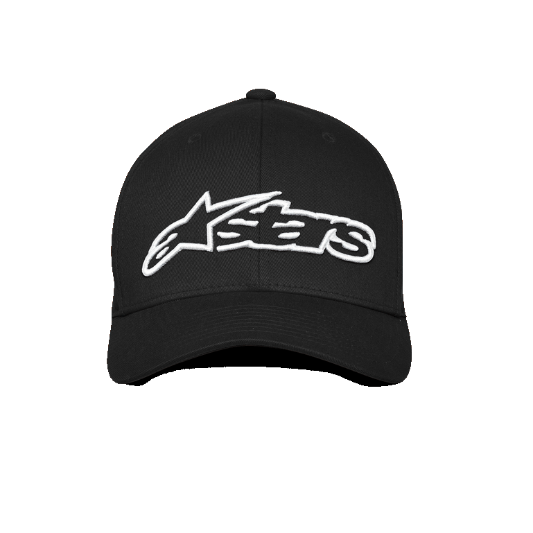Alpinestars Blaze Flexfit Hat, Black and White, featuring a large white 3D embroidered Alpinestars logo on the front, curved bill design, casual motorsport-inspired headwear