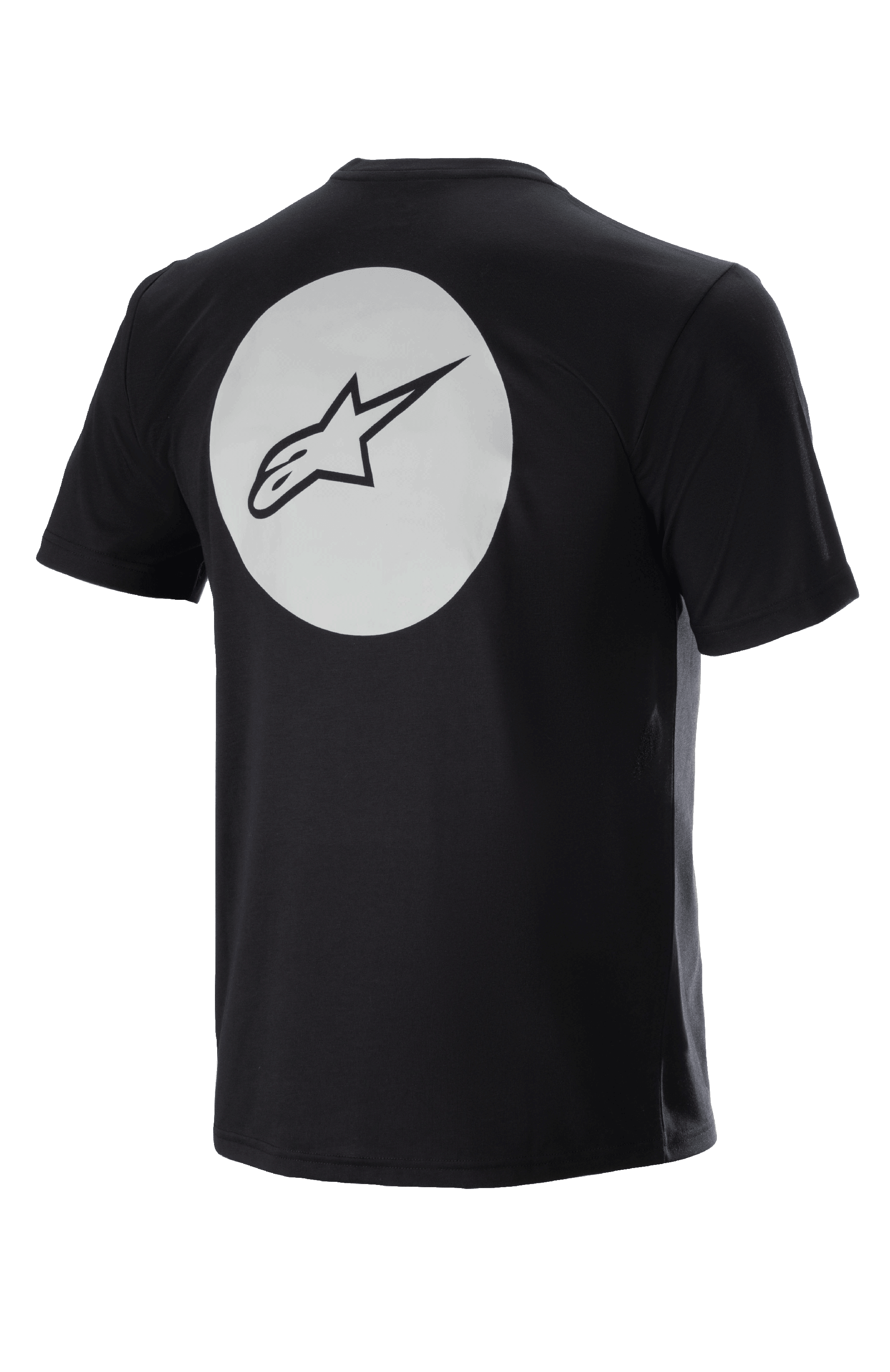 Alpinestars Dot Tech Tee, koszulka rowerowa z krótkim rękawem, czarna, widok z tyłu z dużym białym kołem i czarnym logo A-star, odprowadzająca wilgoć tkanina DriRelease do kolarstwa górskiego