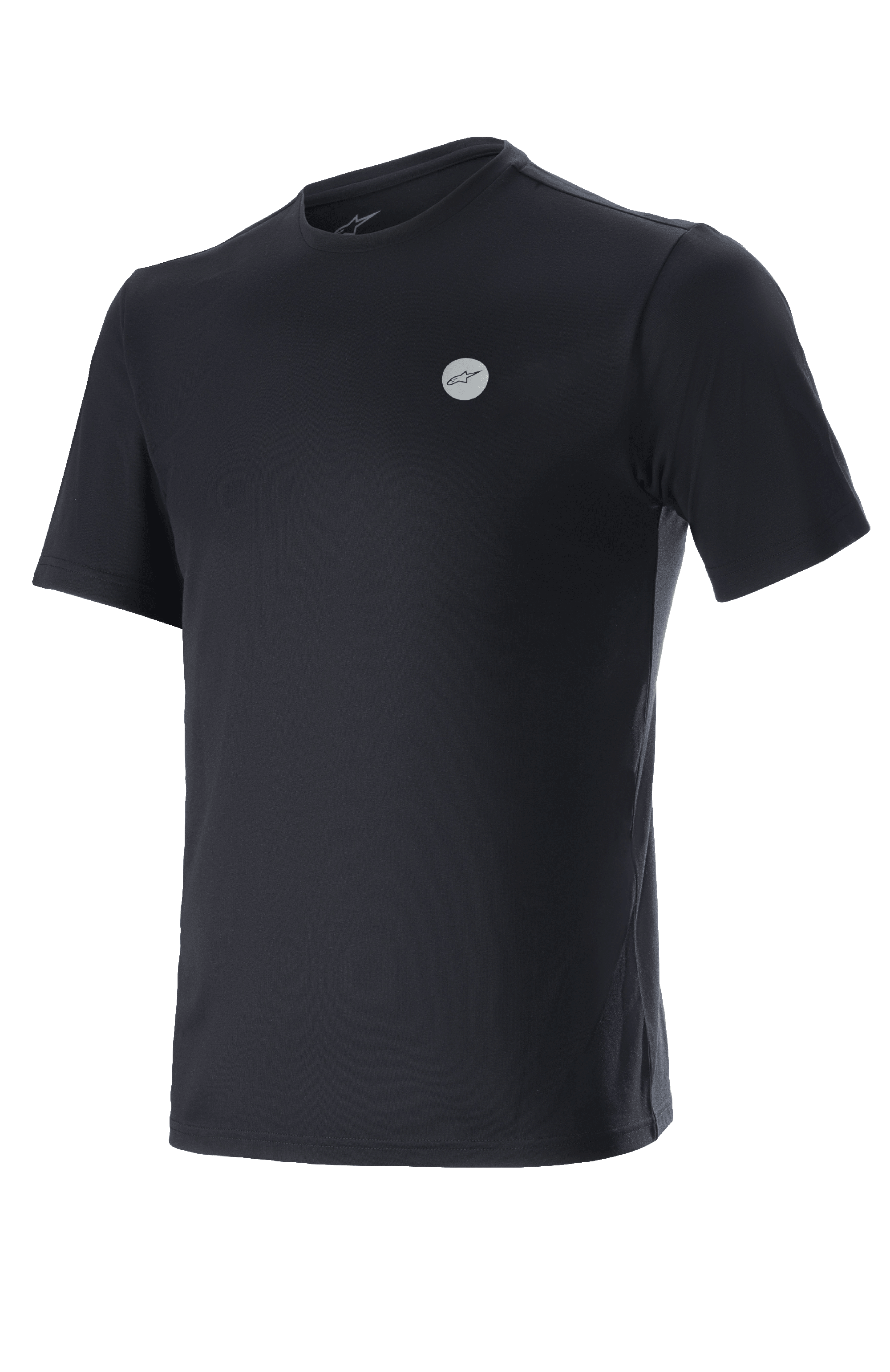 Alpinestars Dot Tech Tee, czarna koszulka z krótkim rękawem, małe okrągłe logo z gwiazdą Alpinestars na piersi, techniczna odzież MTB