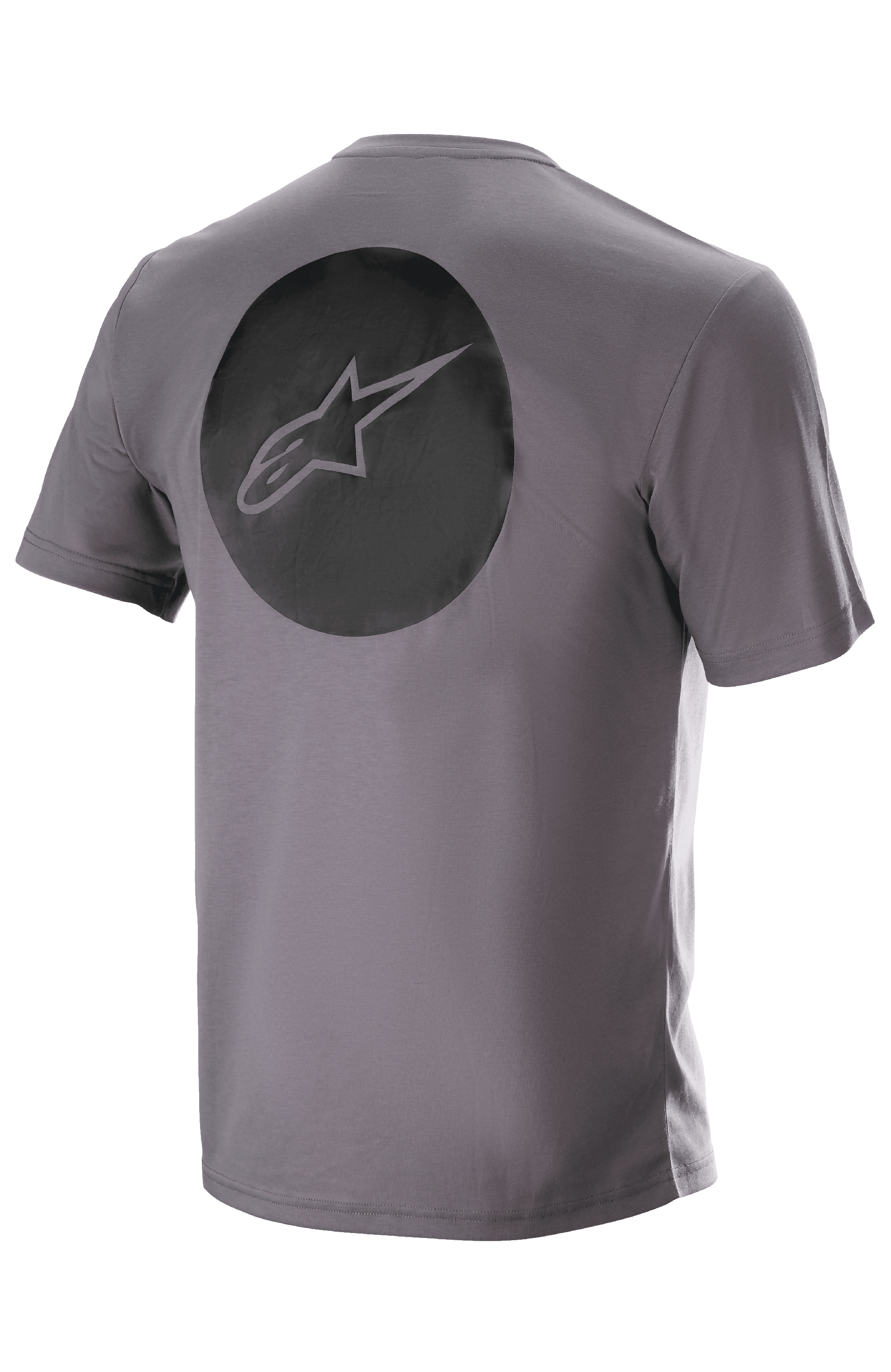 Alpinestars Dot Tech Tee, koszulka z krótkim rękawem, szary Sparrow Gray, widok z tyłu z dużą czarną okrągłą grafiką z logo gwiazdy Alpinestars, techniczna odzież MTB odprowadzająca wilgoć