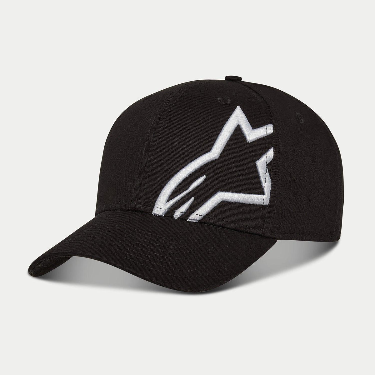 Czapka Alpinestars Corp Snap 2, czarno-biała, z zakrzywionym daszkiem i usztywnioną koroną, duże białe haftowane logo 3D Alpinestars na lewym panelu, klasyczny fason typu snapback