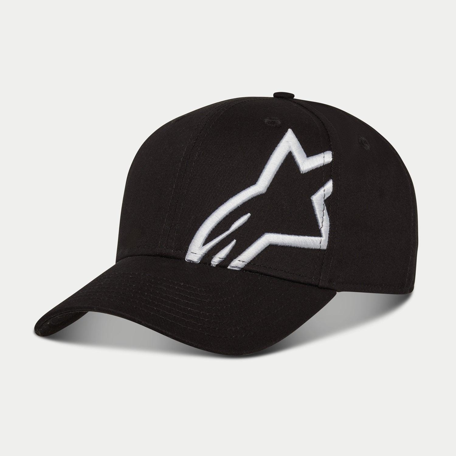 Czapka Alpinestars Corp Snap 2, czarno-biała, z zakrzywionym daszkiem i usztywnioną koroną, duże białe haftowane logo 3D Alpinestars na lewym panelu, klasyczny fason typu snapback