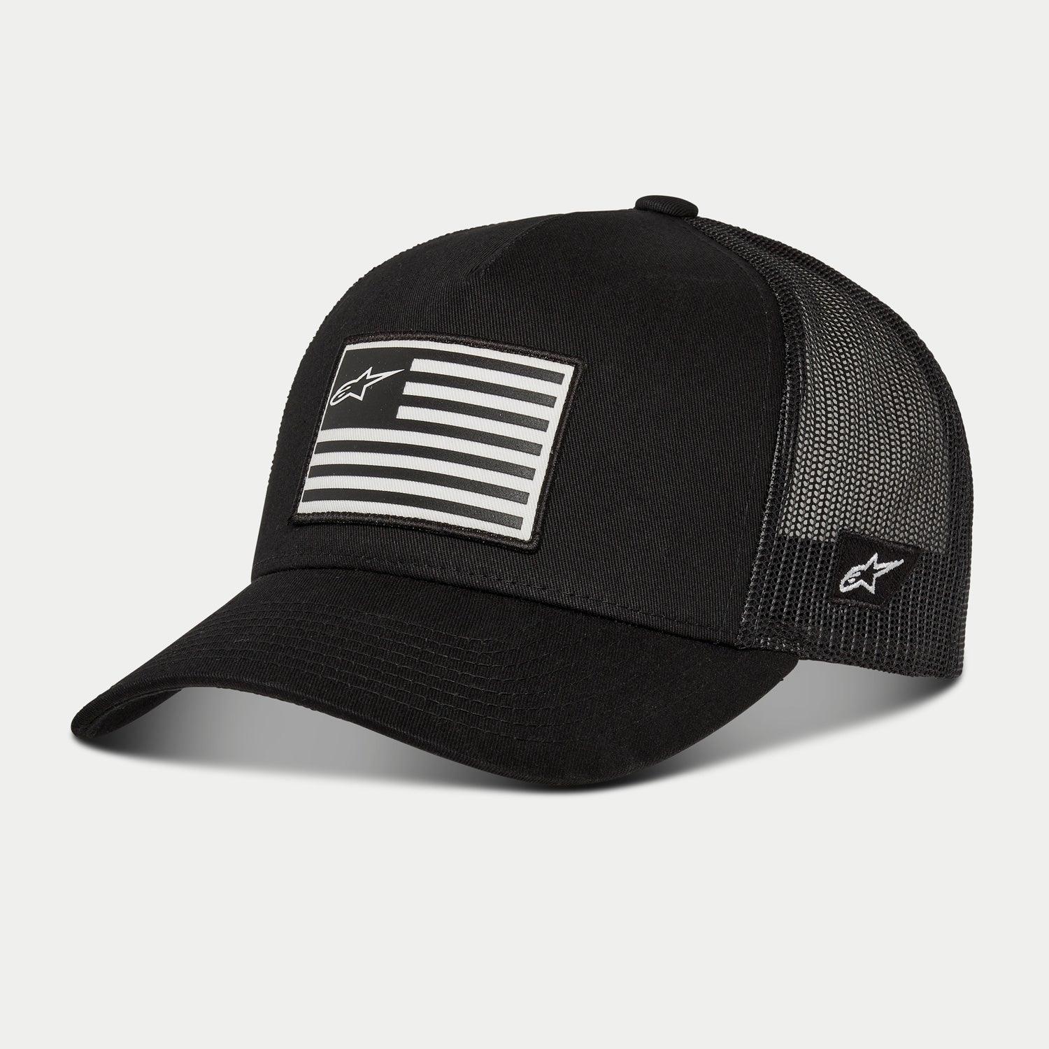 Alpinestars Flag Snapback Hat, czarna czapka bejsbolówka z siateczką z tyłu i zakrzywionym daszkiem, z przodu nadrukowana naszywka z flagą i logo Alpinestars, z boku haftowane logo, codzienne nakrycie głowy inspirowane sportami motorowymi