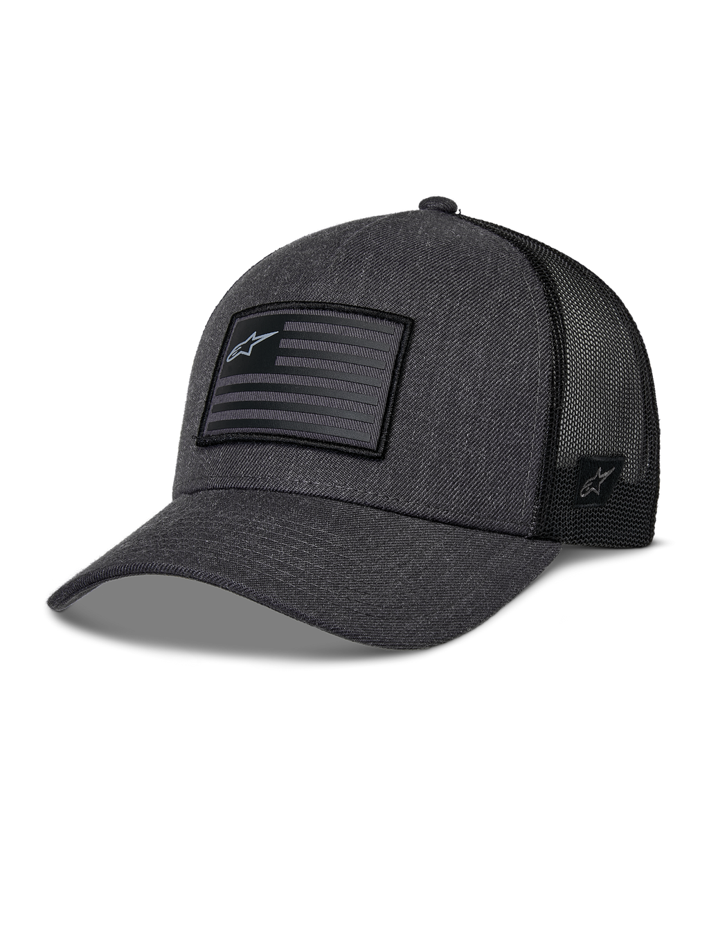 Czapka Alpinestars Flag Snapback, szary melanż i czarny, czapka z daszkiem typu trucker, prostokątna naszywka z motywem flagi i logo gwiazdy, zakrzywiony daszek i oddychający tył z siateczki