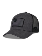 Czapka Alpinestars Flag Snapback, szary melanż i czarny, czapka z daszkiem typu trucker, prostokątna naszywka z motywem flagi i logo gwiazdy, zakrzywiony daszek i oddychający tył z siateczki