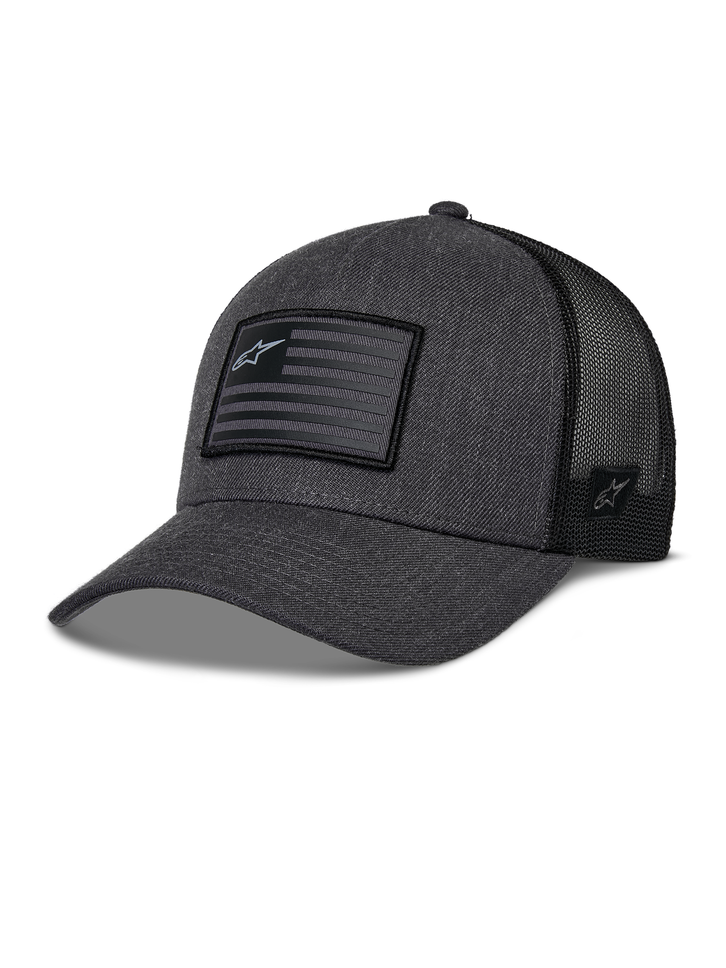 Czapka Alpinestars Flag Snapback, szary melanż i czarny, czapka z daszkiem typu trucker, prostokątna naszywka z motywem flagi i logo gwiazdy, zakrzywiony daszek i oddychający tył z siateczki