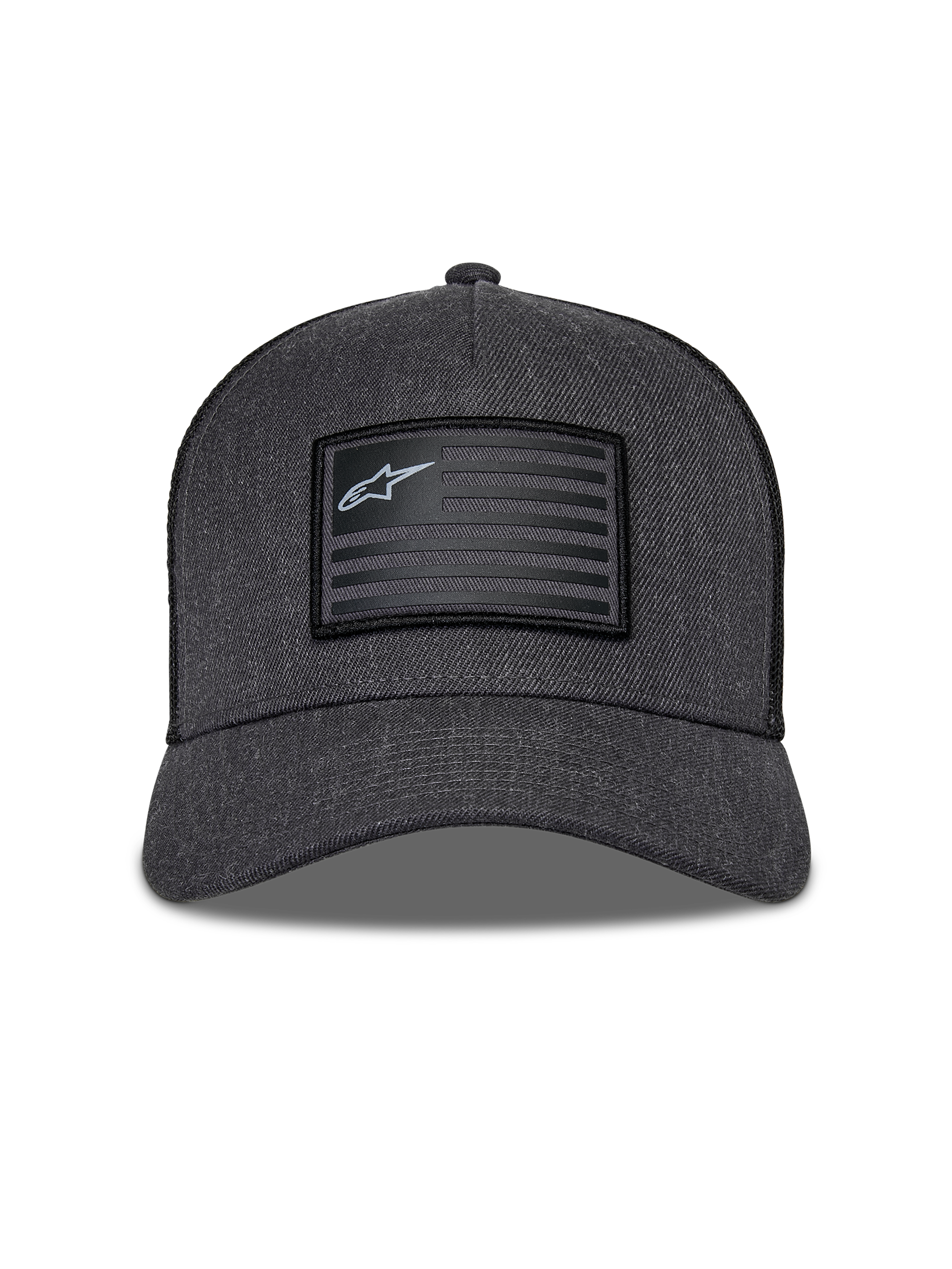 Alpinestars Flag Snapback Hat, ciemnoszary melanż i czarny, widok z przodu z usztywnioną koroną i zakrzywionym daszkiem, prostokątna naszywka w stylu flagi z logo Alpinestars i pasami, codzienna odzież uliczna w stylu motorsport
