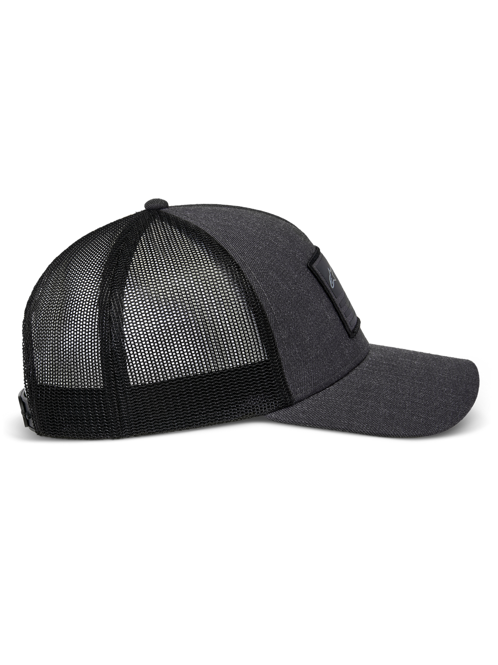 Czapka Alpinestars Flag Snapback w kolorze Charcoal Heather Black, widok z profilu prezentujący zakrzywiony daszek, usztywniony przedni panel z tkaniny twill z naszywką oraz oddychający tył z poliestrowej siatki.
